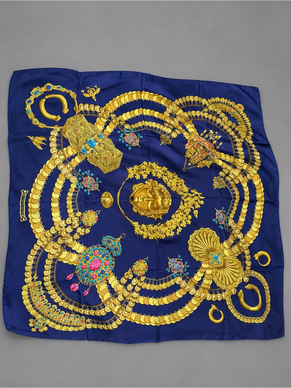 Navy Blue and Gold Decorative Women's Silk Scarf
